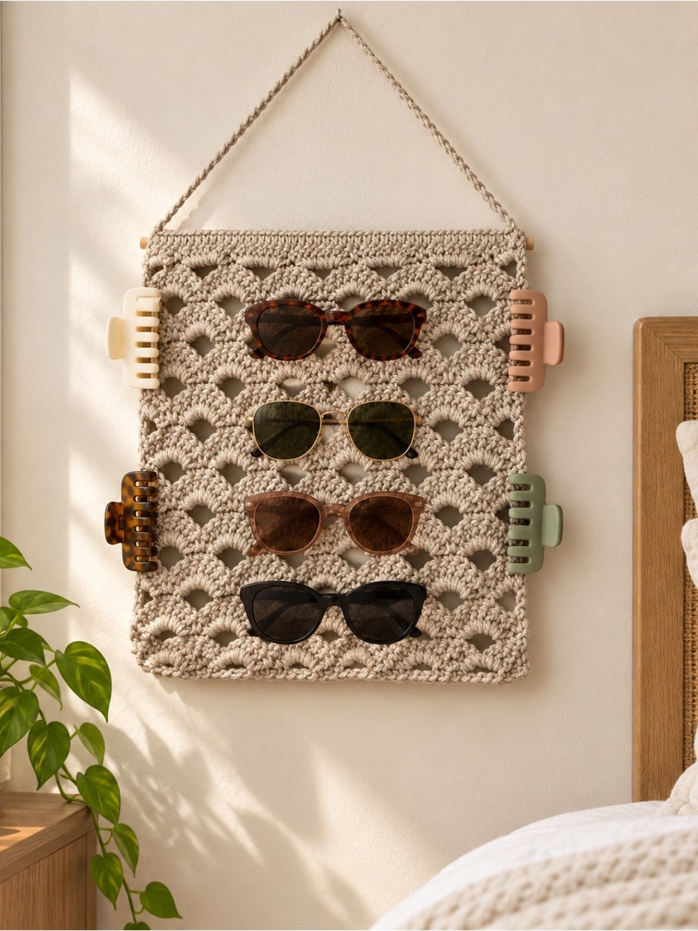 Handmade Crochet Sunglasses & Hair Clip Wall Organizer Neutral Boho Decor